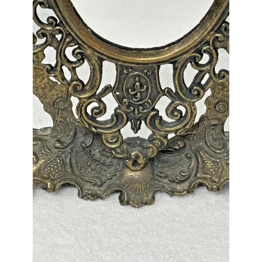 Vtg Ornate Cast Metal Vanity Mirror Tabletop Rococo Victorian Style Brass Finish